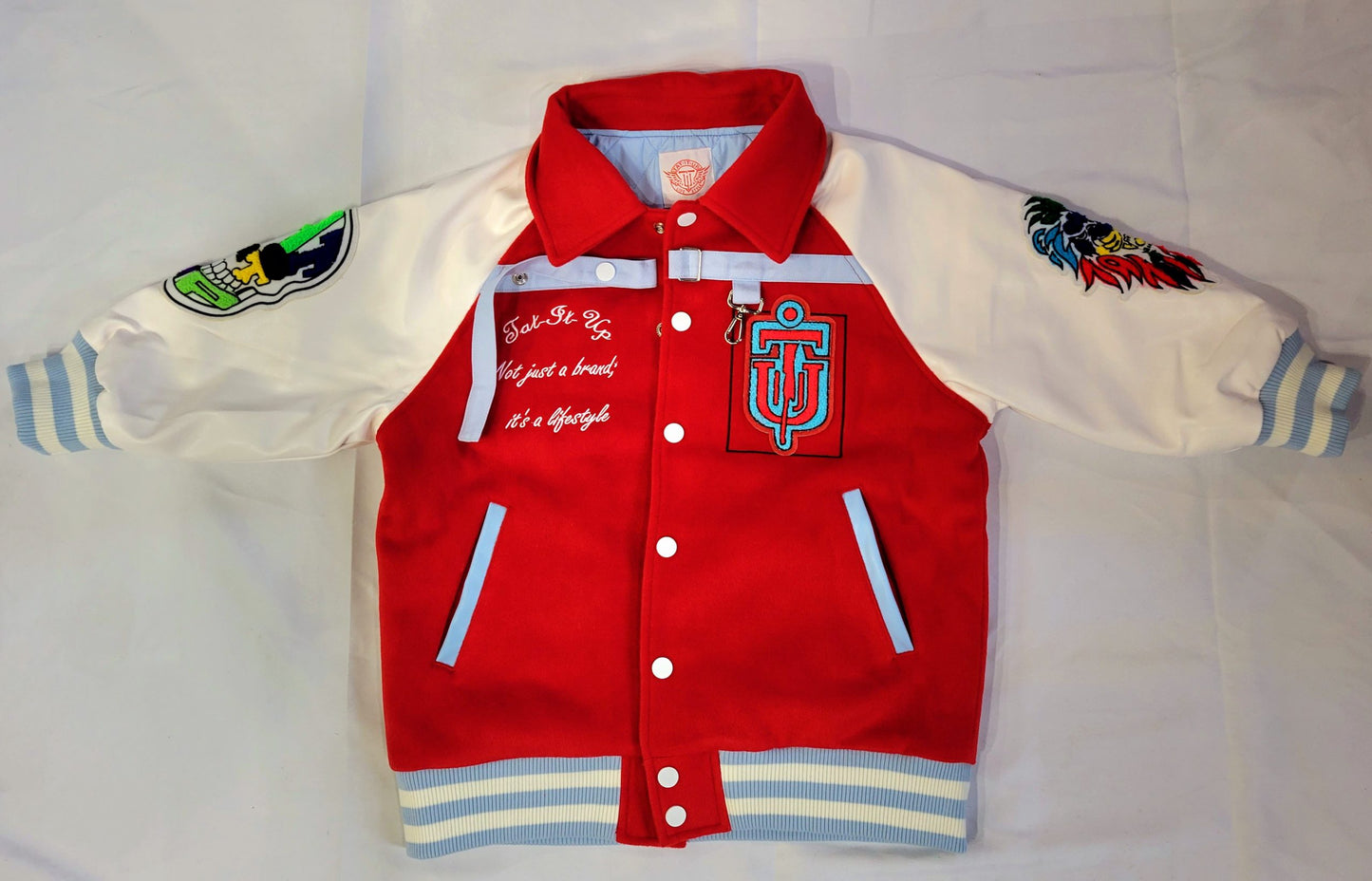 RED/WHITE “INKSANITY” 3/4 SLEEVE VARSITY JACKET.
