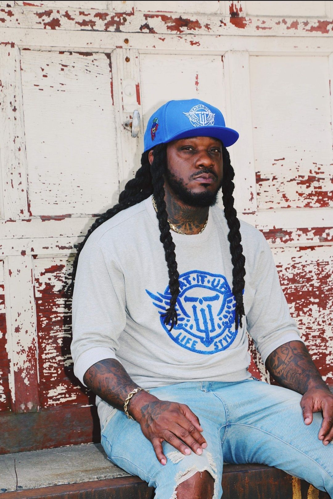 GREY/BLUE”TAT IT UP” 3/4 SLEEVE THIN SWEAT SHIRT