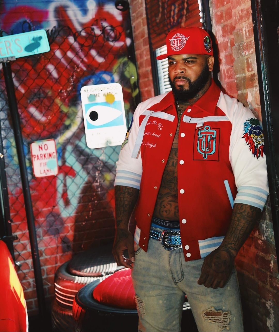 RED/WHITE “INKSANITY” 3/4 SLEEVE VARSITY JACKET.