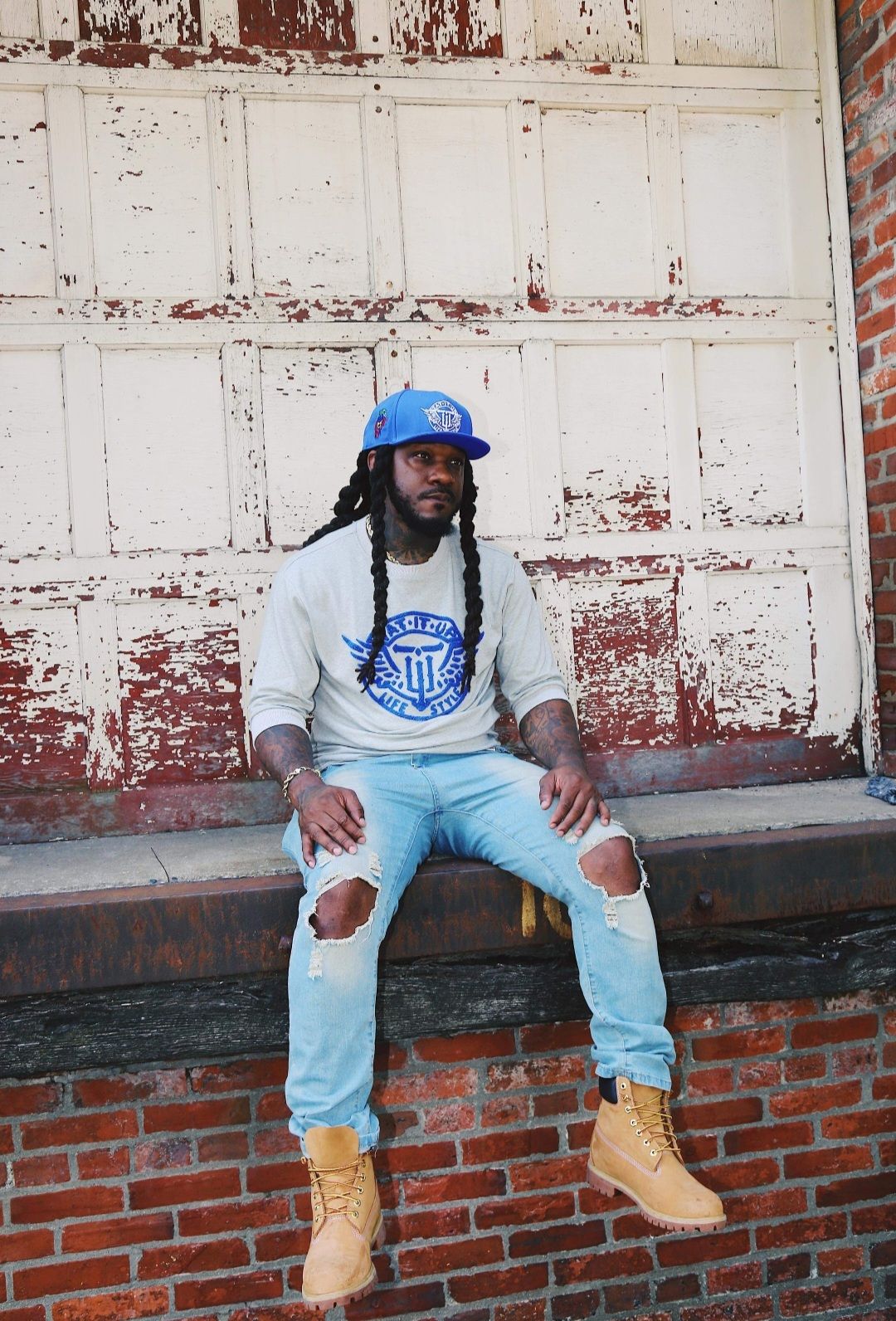 GREY/BLUE”TAT IT UP” 3/4 SLEEVE THIN SWEAT SHIRT
