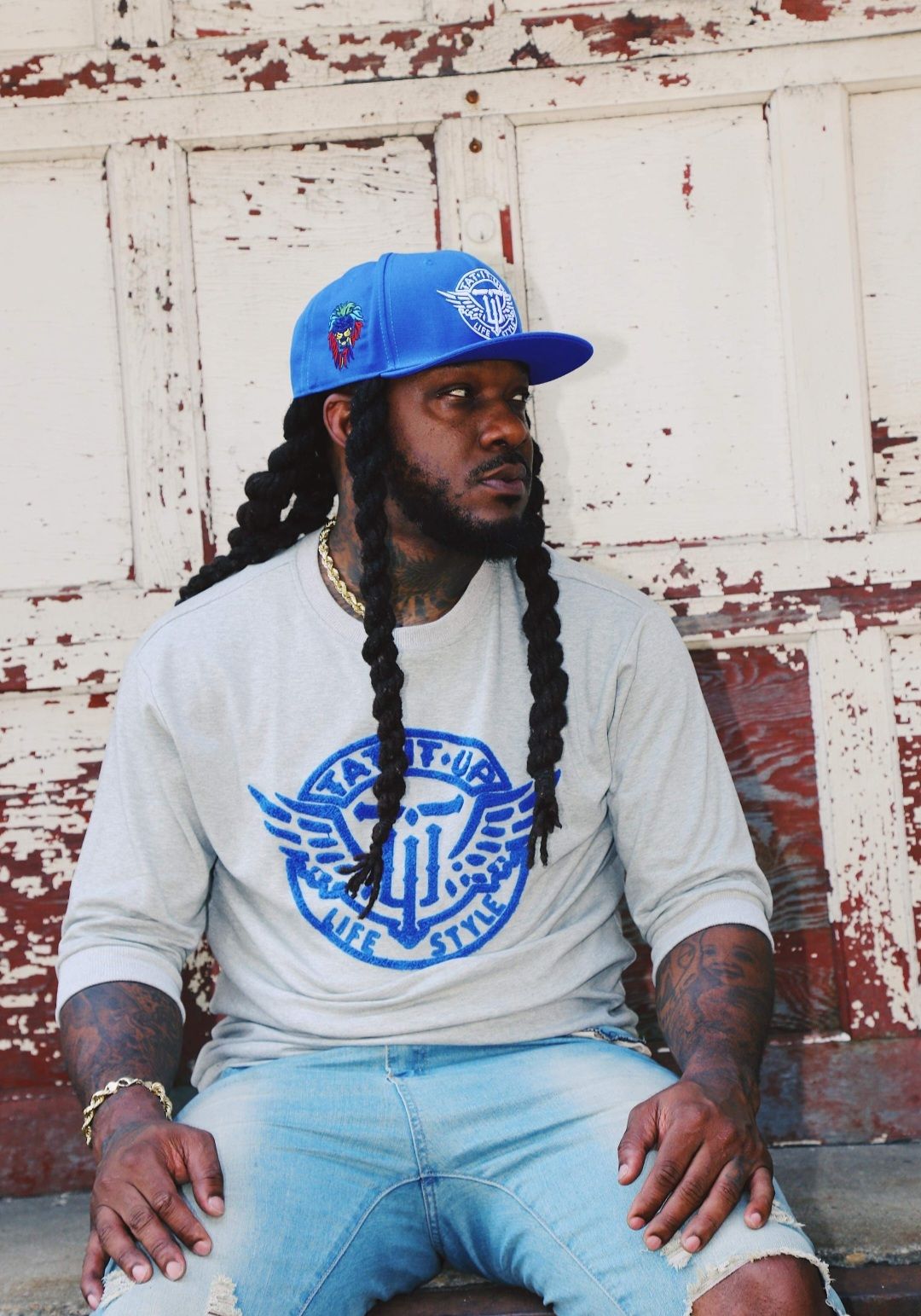 GREY/BLUE”TAT IT UP” 3/4 SLEEVE THIN SWEAT SHIRT
