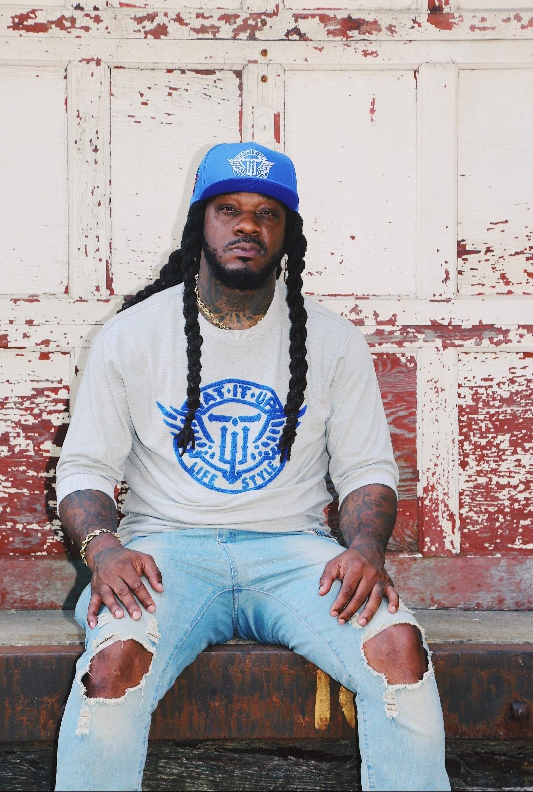 GREY/BLUE”TAT IT UP” 3/4 SLEEVE THIN SWEAT SHIRT